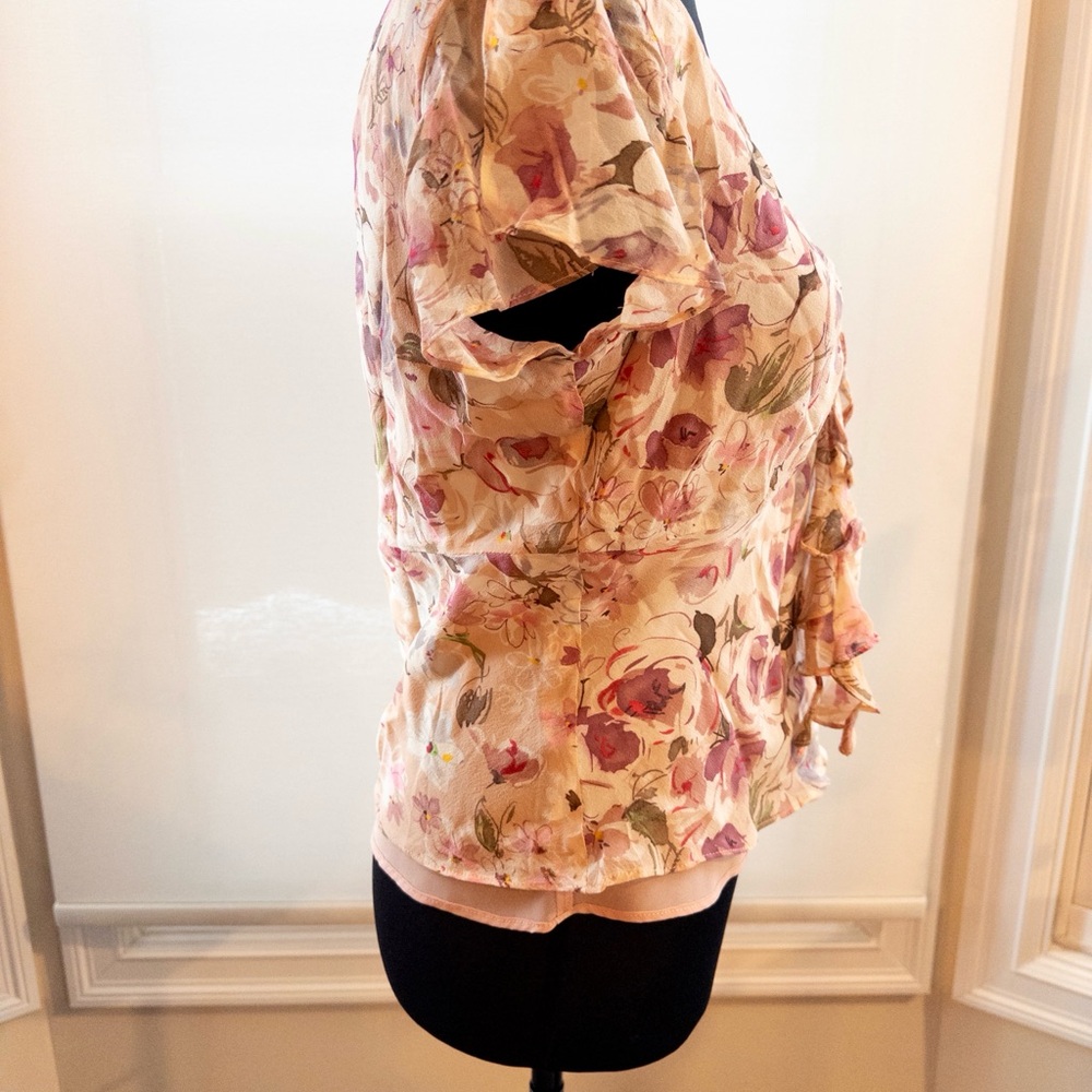 Cynthia Howie Silk Blouse Size 8 Vintage Floral Ruffle Front Pink 90s - Picture 4 of 9